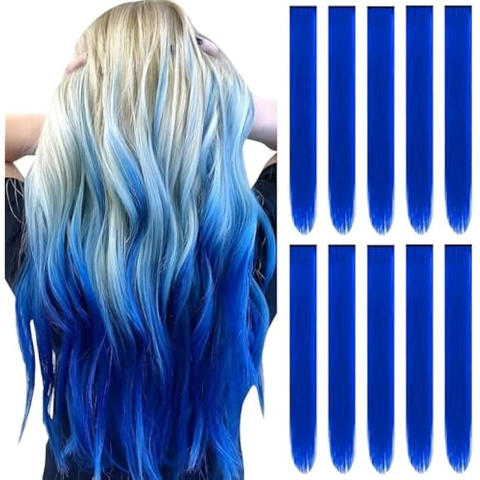 Tofafa 22 Inch Colored Hair Extensions,Straight Hair can be Curled,Multi-colors Party Highlights Clip in Synthetic Hair Extensions(10 Pcs Blue) - Image 1